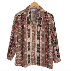 Tena Vintage Neutral Printed Button Up Long Sleeve Blouse Women’s 11